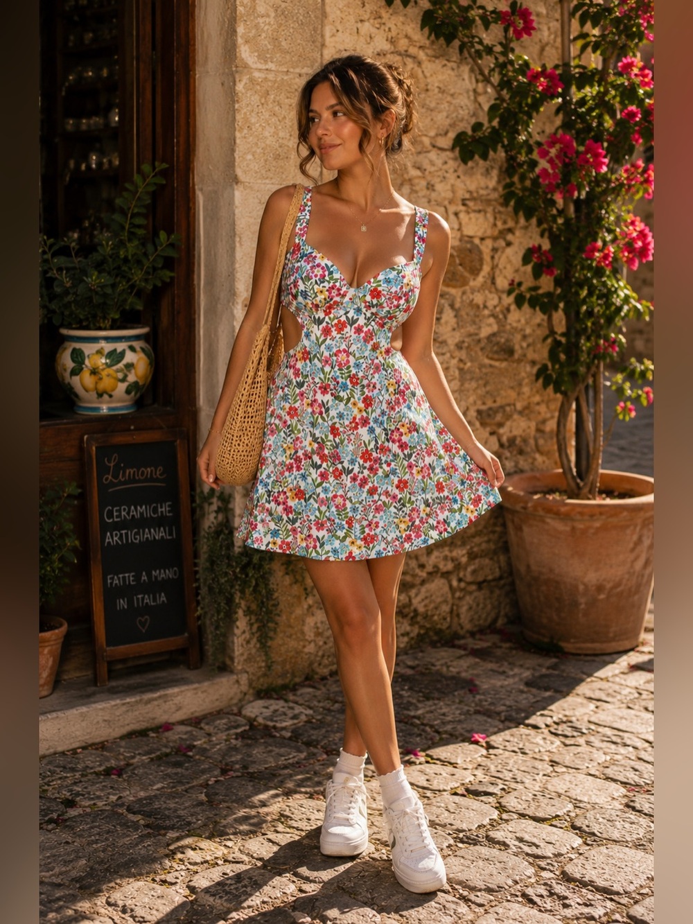 Coquette Floral Open Back Mini Dress Cottagecore Picnic Sundress L